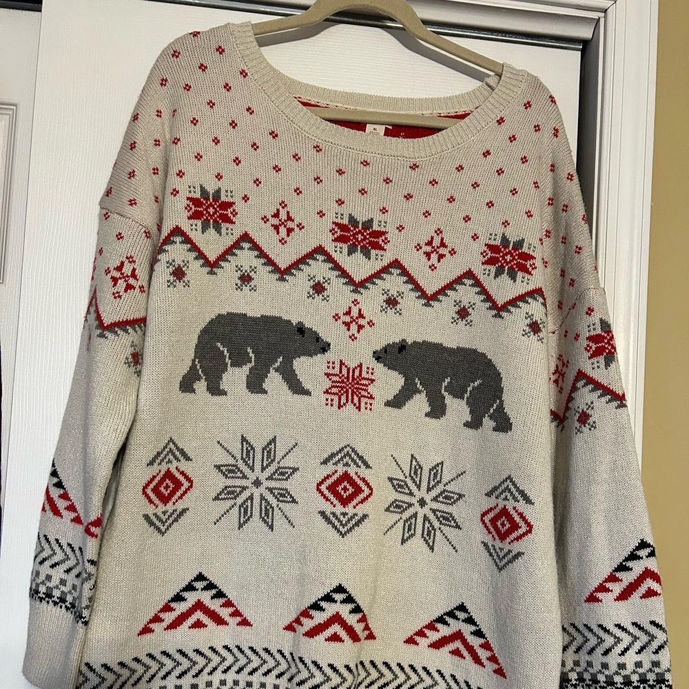 Mossimo Supply Co. Cream Fair Isle Bear Crewneck Sweater with Red & Gray Accents